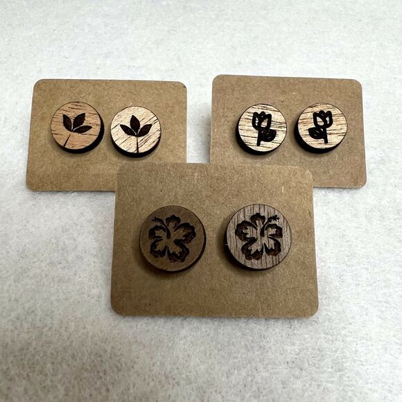 3 Pack Wooden Engraved Stud Earrings - Picture 1 of 4